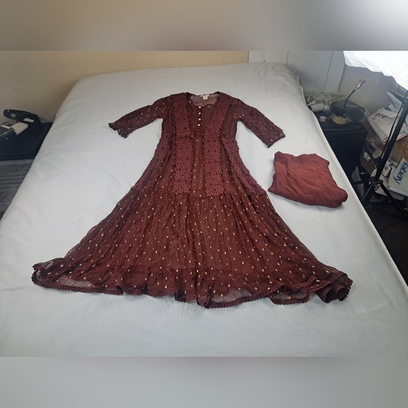 Sundance Burgundy Crochet Metallic Dotted 1/2 Sleeve Dress with/Slip SIZE 4 - Picture 8 of 11